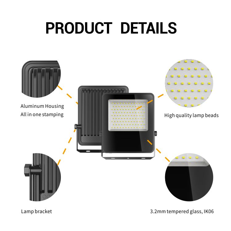 LED Flood Light 10-200W 150LM/W IP65 IK06 Outdoor Stadium Floodlight with 270&deg; Bracket -40℃~+50℃ CE RoHS