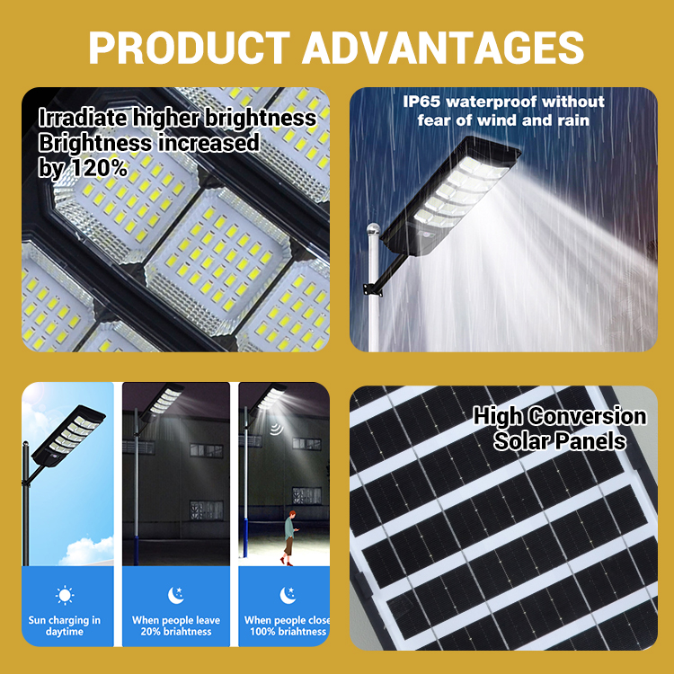 High Quality ABS IP65 6500K Road Lamp 100W- 400W High Brightness Radar Human Body Sensing Outdoor LED Solar Street Lights