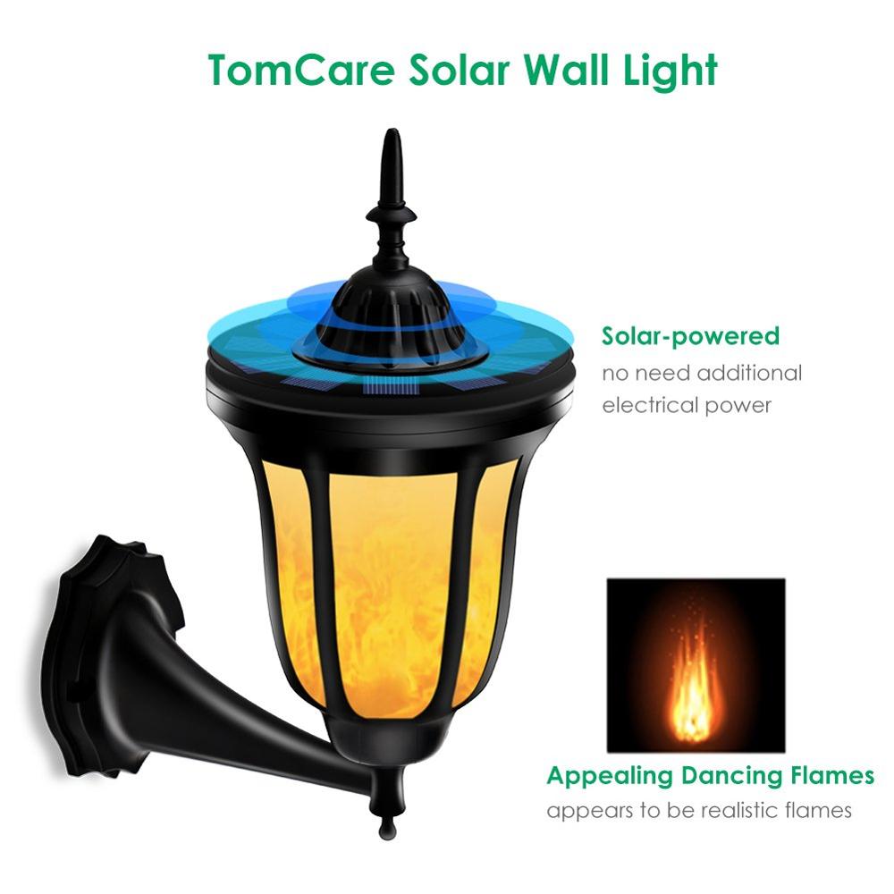 2 Pack Outdoor Lighting Solar Wall-Mounted 96 LED Dancing Flame Garden Light IP65 Water-Resistant Light Sensor Control Black