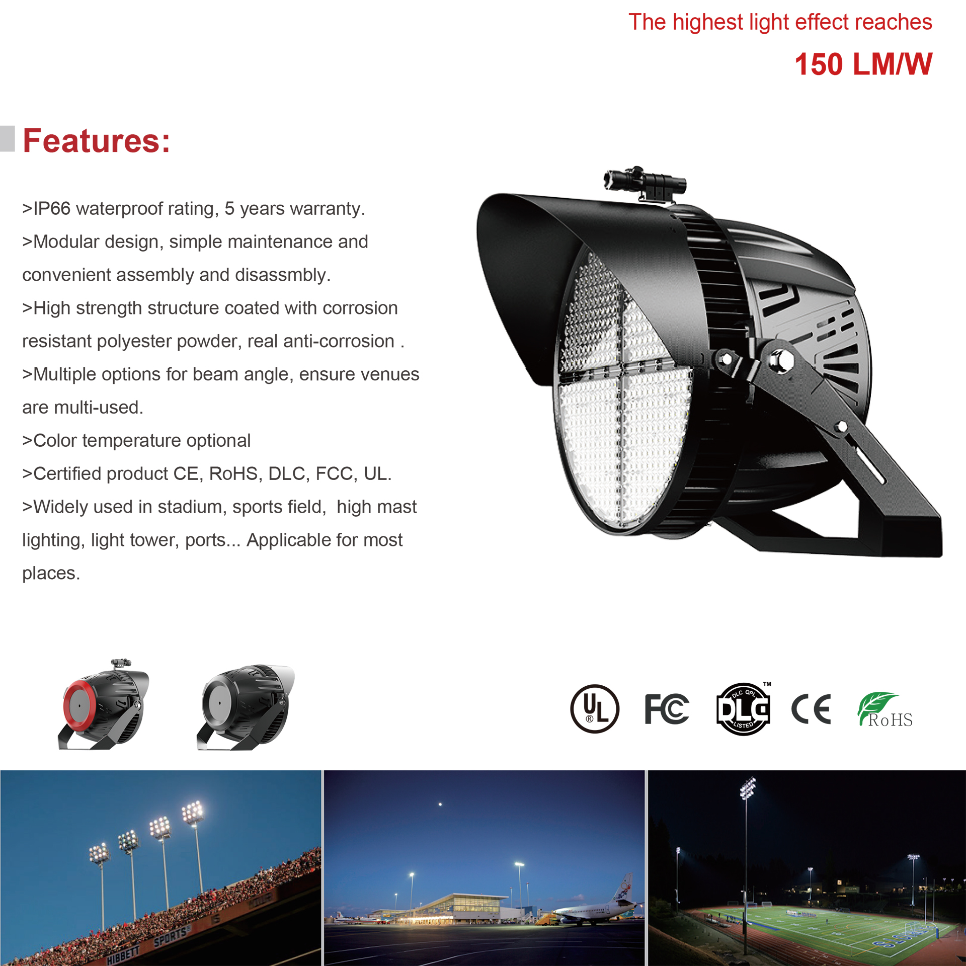 1200W LED Sports Stadium Flood Light 300w 500w 750w 1000w Dali Dmx Rgbw for Sports Stadium Fields Football Airports