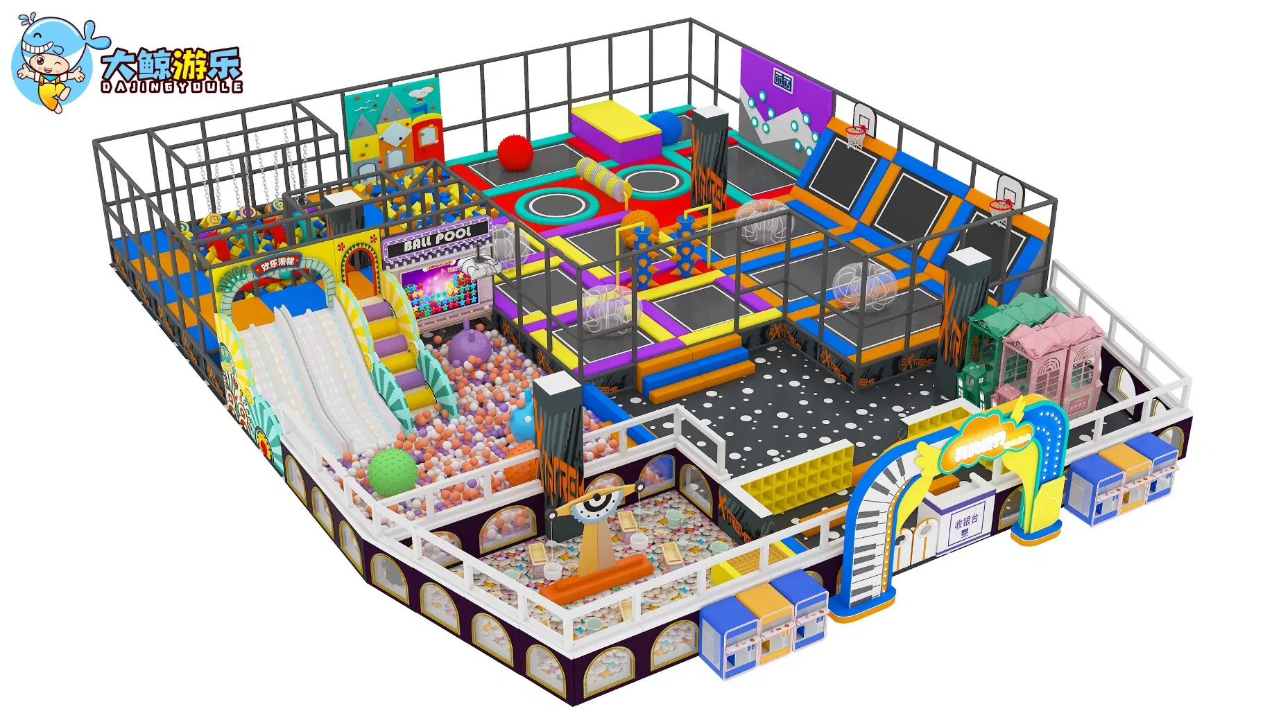 Luxury Kids Indoor Playground Trampoline Park Indoor Children Playground Trampoline with Slide Equipment Flying Fox Arcade Games Buoncy Castle Parque Infantil
