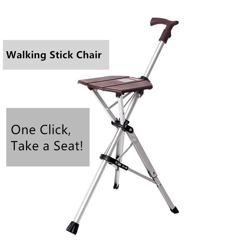 One-Click Folding Walking Stick Chair Aluminum Alloy Mobility Aid with Seat Portable Walking Stick Seat for Elderly