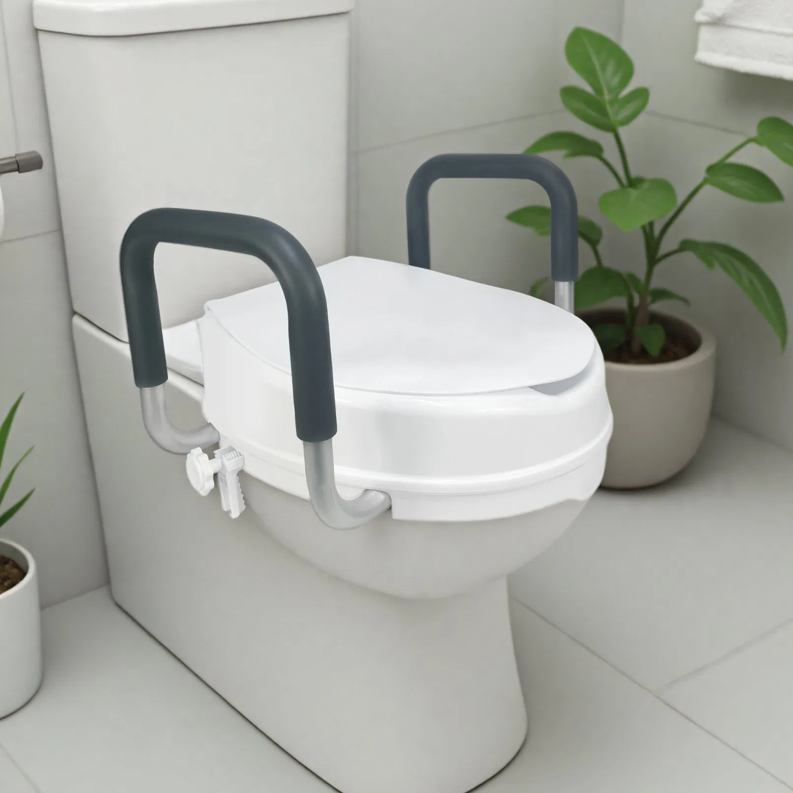 Durable Plastic Commode Riser with Support Handles for Safety