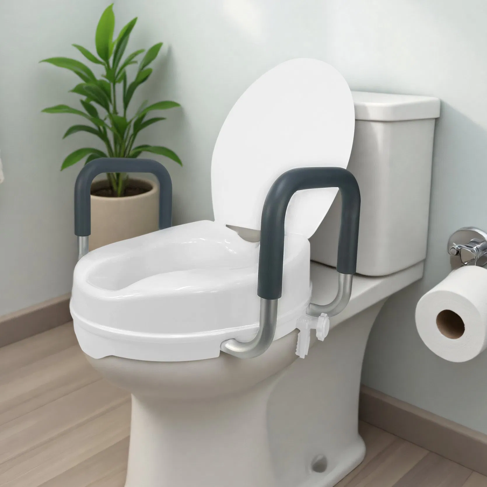 Durable Plastic Commode Riser with Support Handles for Safety