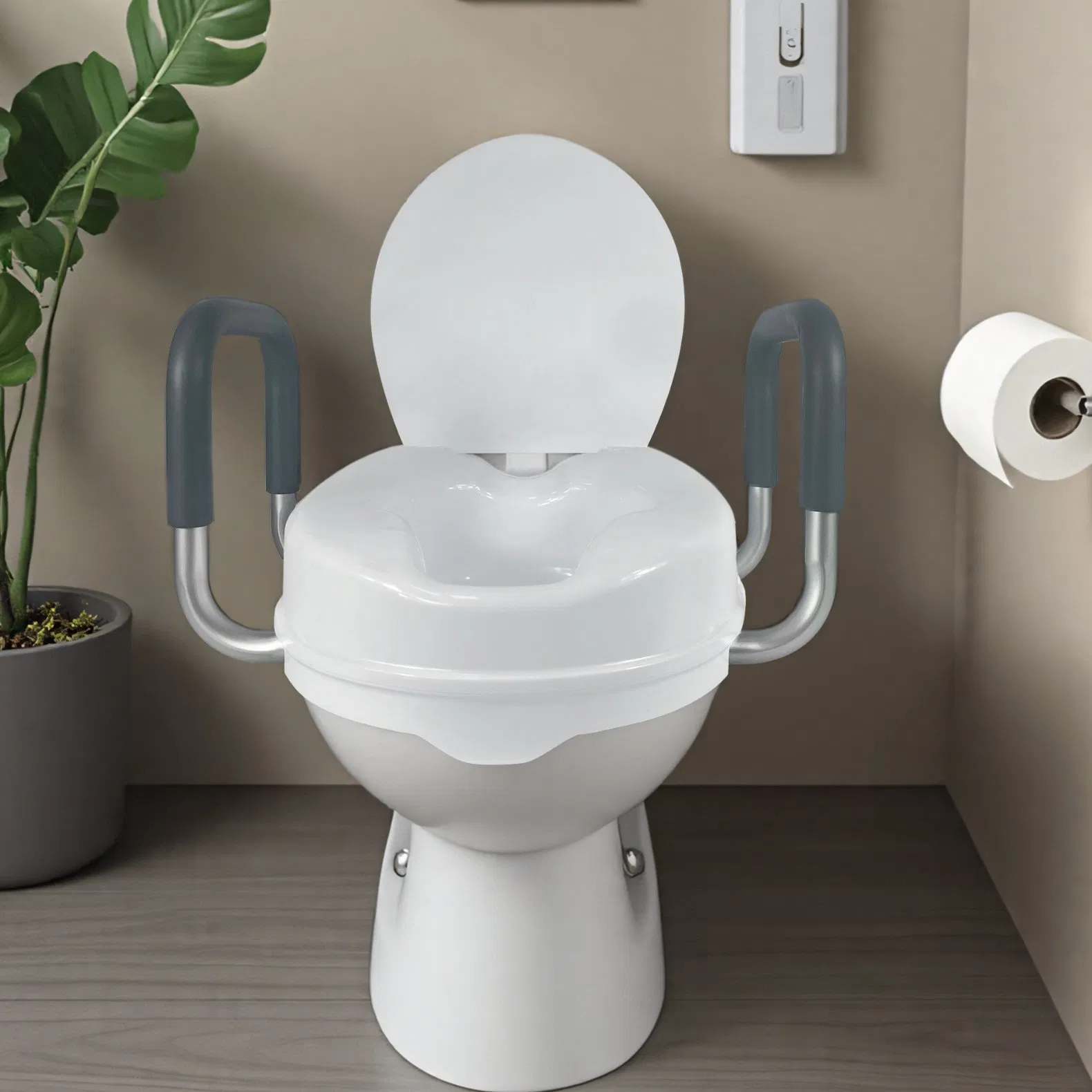 Durable Plastic Commode Riser with Support Handles for Safety