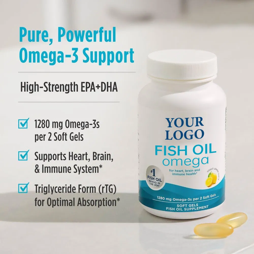 OEM/ODM Lemon Flavor No Fishy Aftertaste Immune Support Heart &amp; Brain Health EPA + DHA High Absorption 1280mg Omega-3 High-Purity Deep Sea Fish Oil Softgels