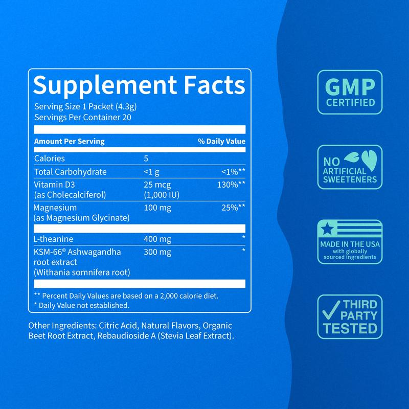 Calming Drink Mix with Ksm-66 Ashwagandha, Vitamin D3, Magnesium &amp; L-Theanine - Supports Cortis