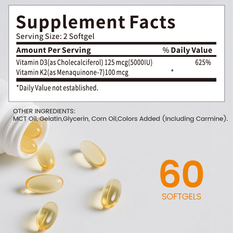 Customized Vitamin D3&K2 Softgels with Coconut Oil for Immune Health