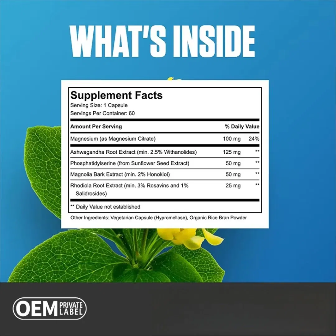 OEM Dietary Supplements Reducing Cortisol Manager Cortisol Health Capsule with Ashwagandha &amp; Phosphatidylserine for Women Men