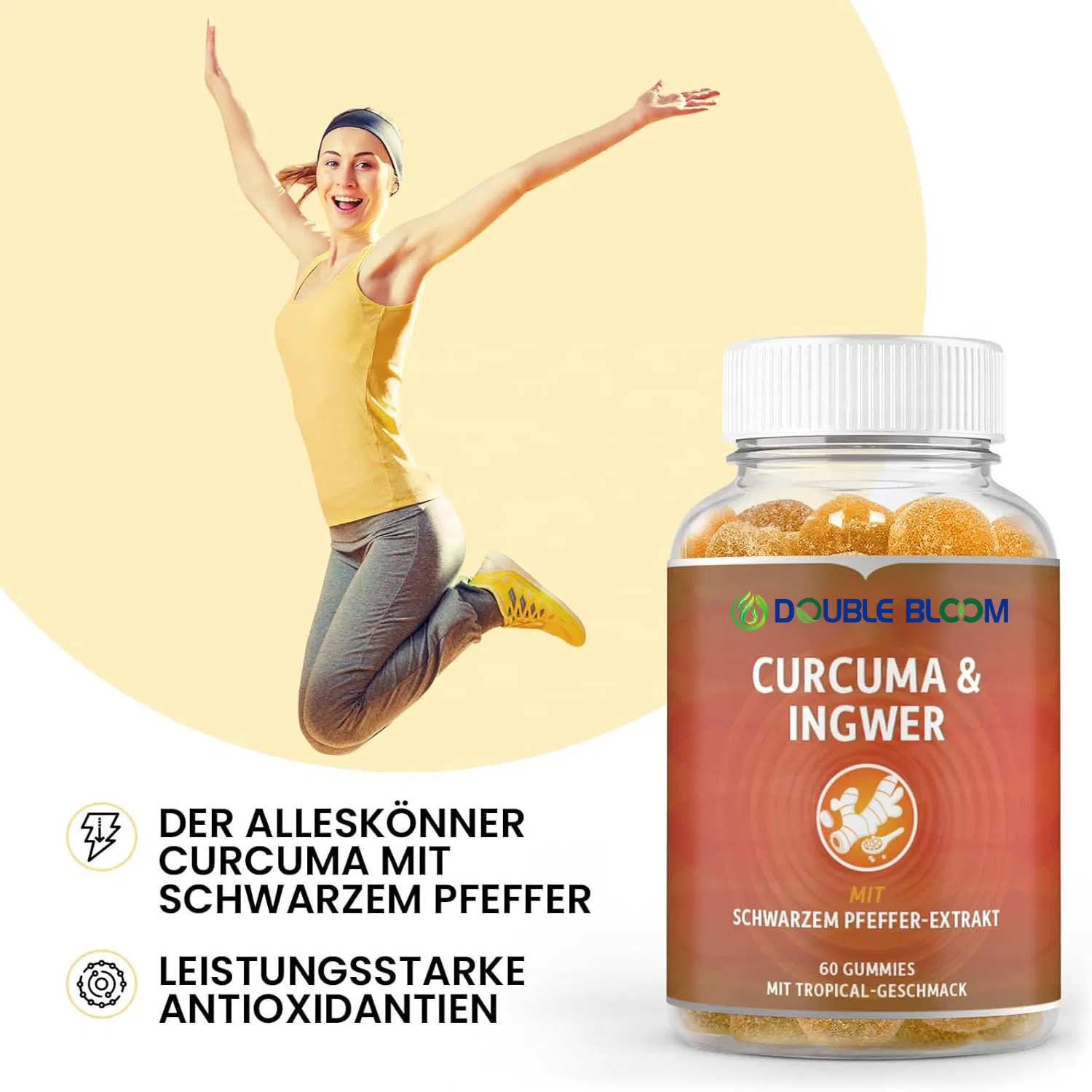 Double Bloom Turmeric Curcumin Gummies with Black Pepper Ginger Turmeric Supplement for Immune Support Healthy Skin Joint Health