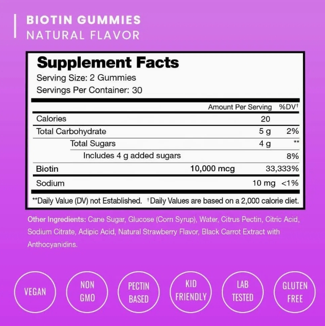 Biotin Gummies for Healthy Hair, Skin and Nails, Vitamin Gummies for Women, Men and Children, Vegetarian, Non-GMO Hair Health Supplements