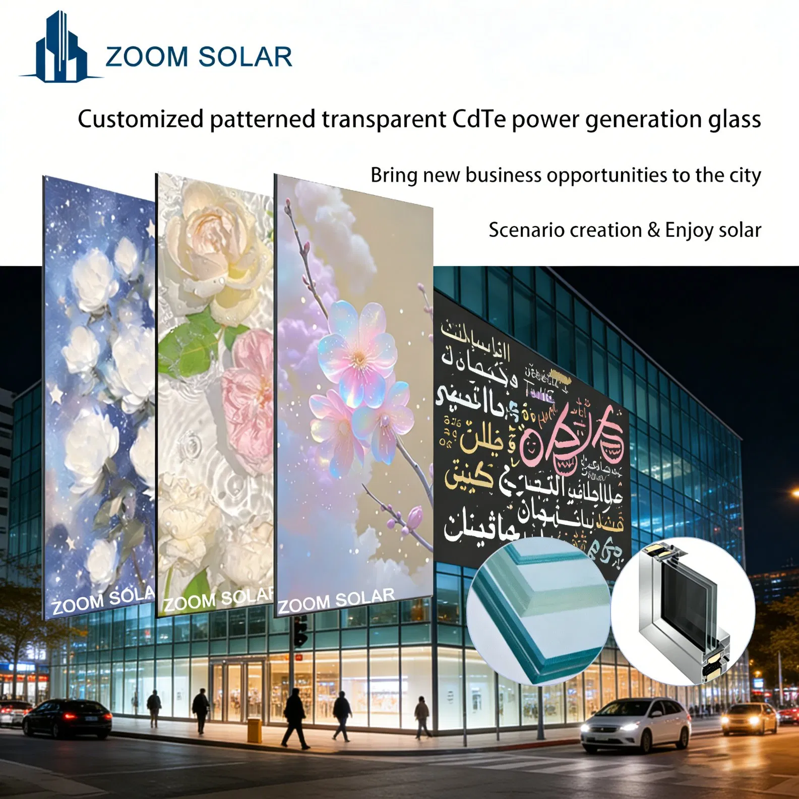 Zoom Solar New 8mm Laminated Immersive Photovoltaic Glass Curtain Wall for Indoor Outdoor BIPV Facade Applications