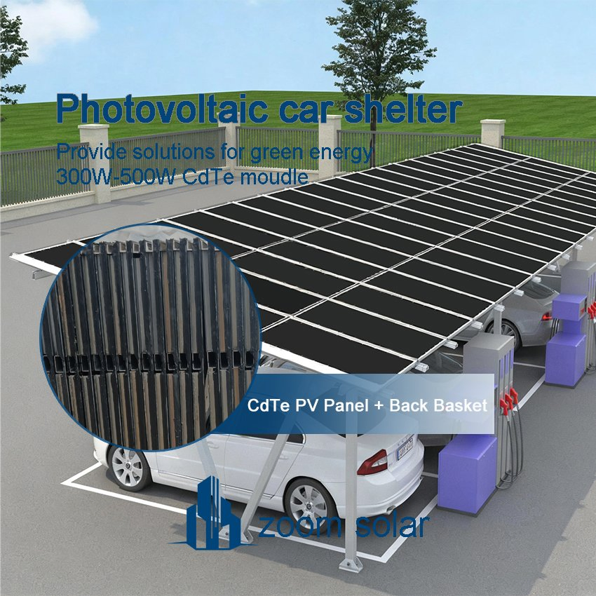 Zoom Solar Customized Laminated Tempered Glass Waterproof Strip for Cdte Car Shelters, Customized Back Frame, BIPV Power-Generating Glass