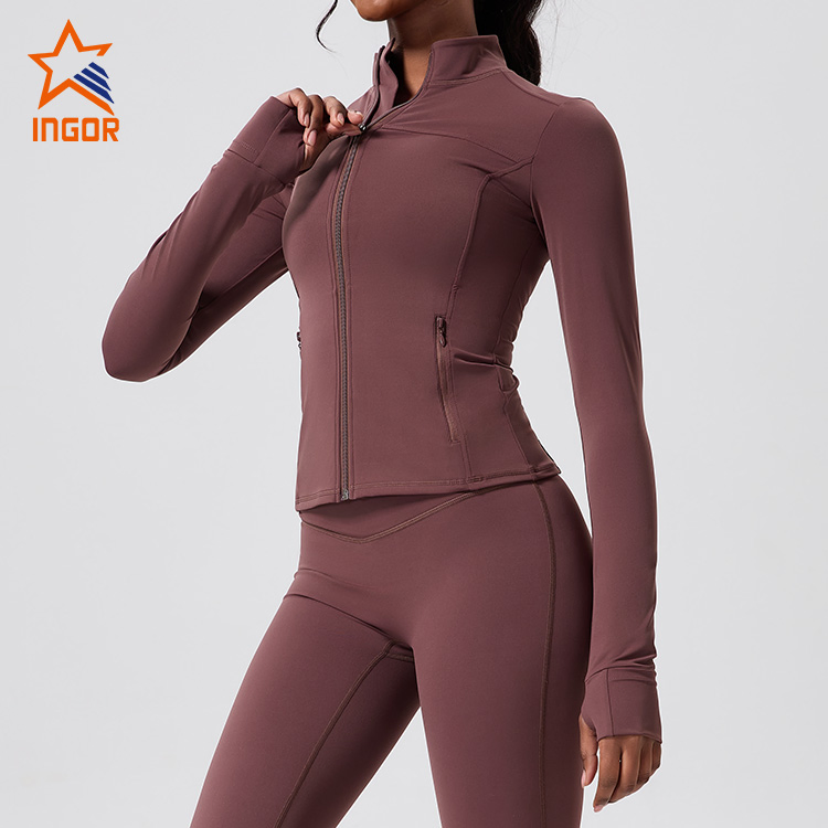 Ingor Sportswear Fitness Apparel Manufacturers Custom Women Clothing Active Gym Wear ODM OEM Nude Skinny Sporty Long Sleeved Zippered Jacket