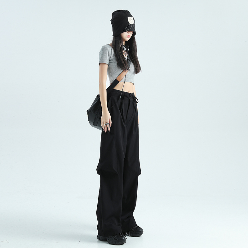 Custom Logo OEM Manufacturer Pocket High Waist Streetwear Baggy Denim Ladies Long Parachute Cargo Pant for Women Overall Trouser