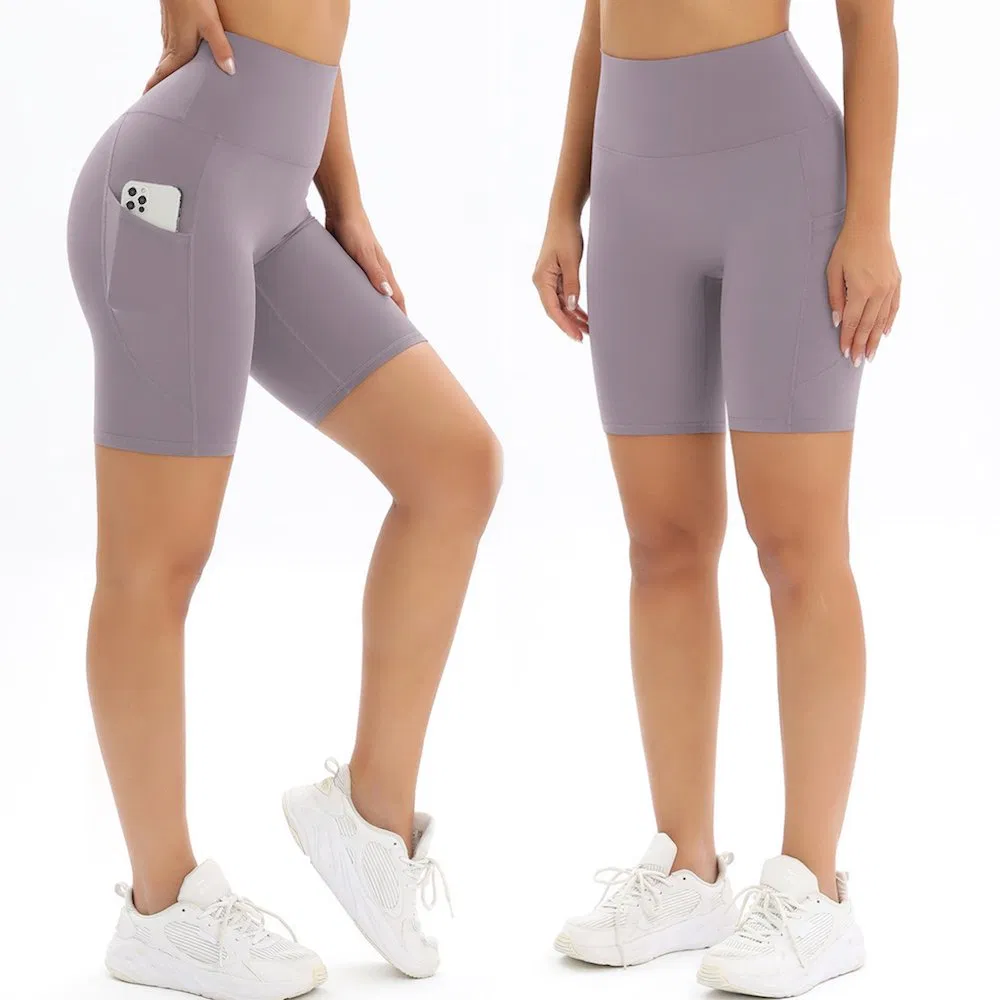 Tianchen Manufacturer Wholesales Eamless Front High Waist Sports Shorts with Pockets, Custom Butt Lift Running Tights Biker Workout Yoga Shorts Fitness Wear