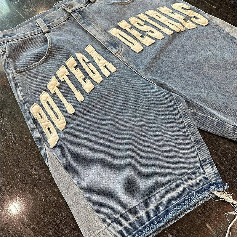 Streetwear Manufacturers Custom Embroidered Patch Logo Half Jorts Denim Raw Hem Cut Edge Distressed Men's Jeans Shorts