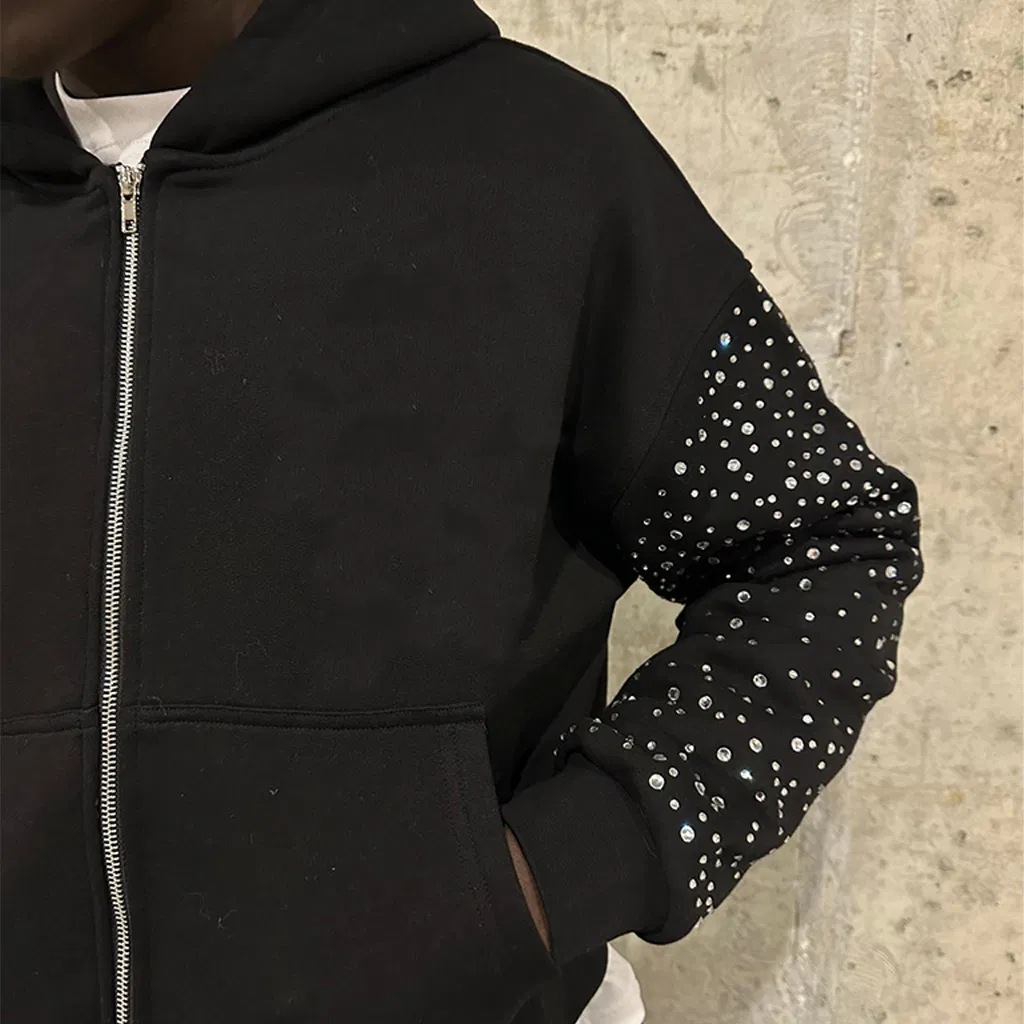 Men's Hoodies Rhinestone Full Zip up 100% Cotton Oversize Printing Custom Hoodies Manufacturers Heavyweight Hoodie for Men