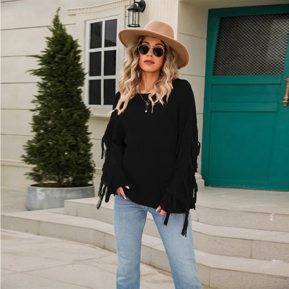 OEM Manufacturer Custom Winter Plain Tassel Women Pullover Knitted Sweater