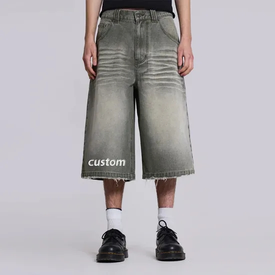 Carpenter Manufacturer Custom Logo Men′ S Acid Wash Baggy Jorts Distressed Embroidered Ripped Raw Hem Shorts