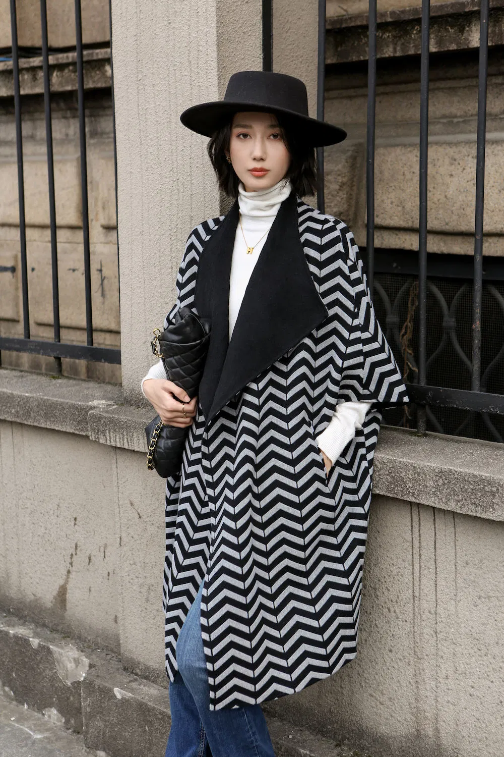 Custom New Design Half Sleeve Woolen Cashmere Trench Coat for Lady