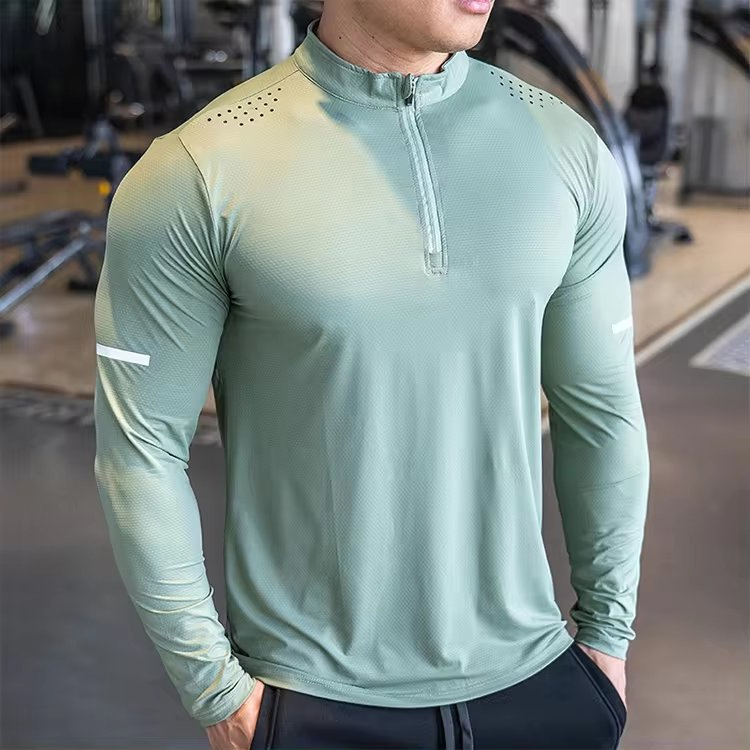 Manufacturer Hight Elastic Breathable Quick Dry Polyester Long Sleeve Zipper Tops Running Gym Custom T Shirt Men's T-Shirts