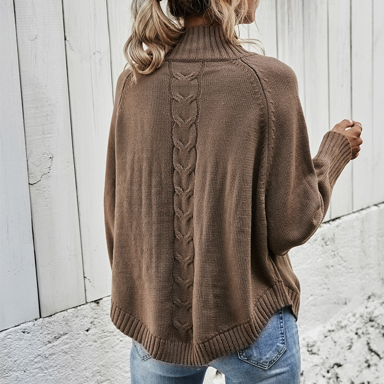 Autumn Winter Custom Cable High Neck Bat Sleeve Knitted Sweater Coat Ladies Shawl Sweater Knitwear for Woman