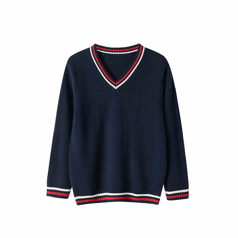 Custom School Child Clothing Kids Navy Blue V-Neck Sweater Baby School Navy Sweater Pullover Uniforms