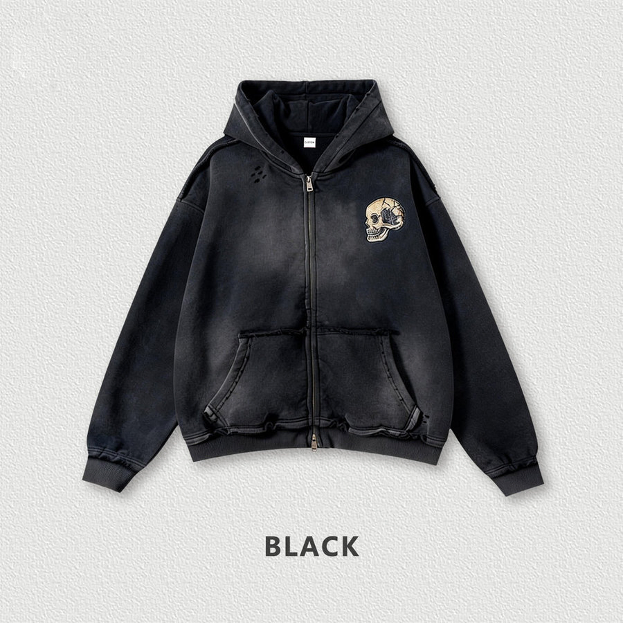 Fine-Workmanship OEM Custom Zipper 100% Cotton French Terry Acid Wash Men Hoodie