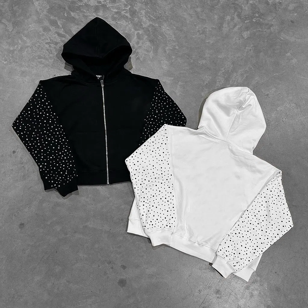 Men's Hoodies Rhinestone Full Zip up 100% Cotton Oversize Printing Custom Hoodies Manufacturers Heavyweight Hoodie for Men