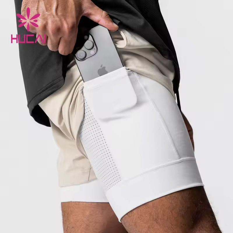 OEM ODM Custom High Quality Active Athletic Training Double Layer Pockets Mens 2 in 1 Fitness Workout Sports Running Gym Shorts