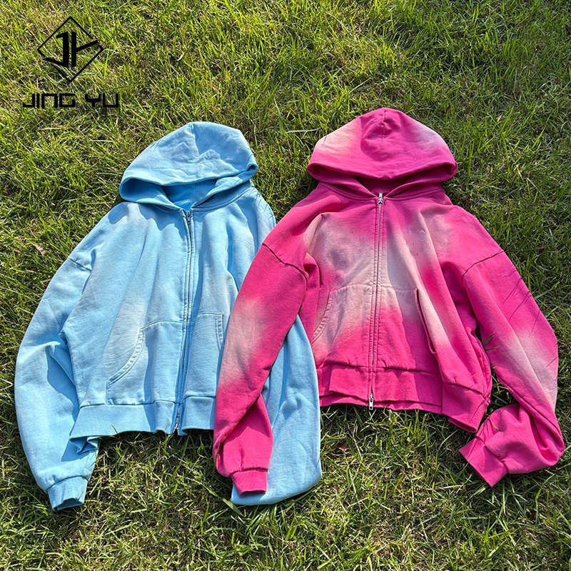 Zip up Hoodie Custom Blank Solid Sun Faded Hoodies Boxy 420GSM Cotton Zipper Acid Washed Hoodie French Terry Manufacturers