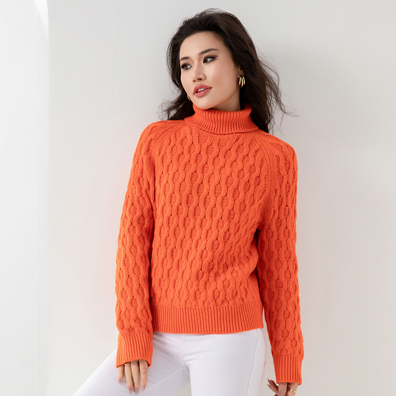 Wholesale Knitwear Pullover Custom Logo Winter Knit Chunky Cable Jumper Loose Pullover Women Wool Turtleneck Sweater