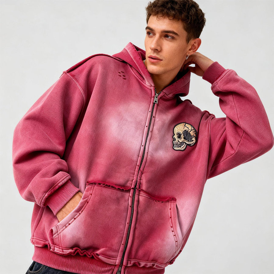 Fine-Workmanship OEM Custom Zipper 100% Cotton French Terry Acid Wash Men Hoodie