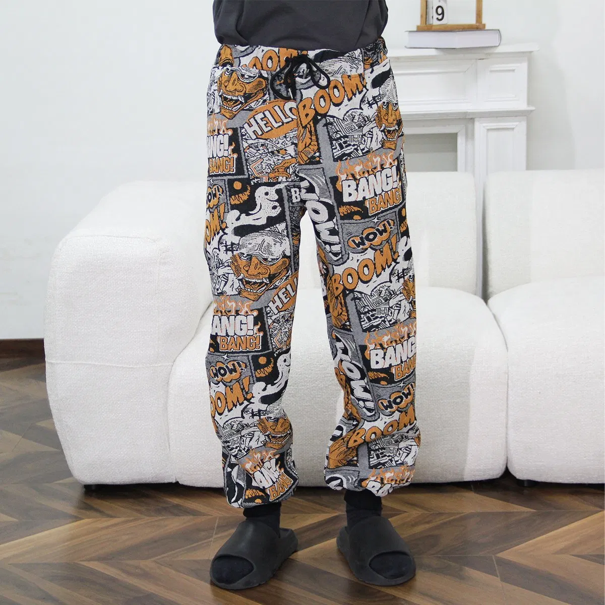 OEM Service Custom Pattern / Logo Drawstring Waist Men's Tapestry Pants and Streetwearn Jacquard Cuffed Pants
