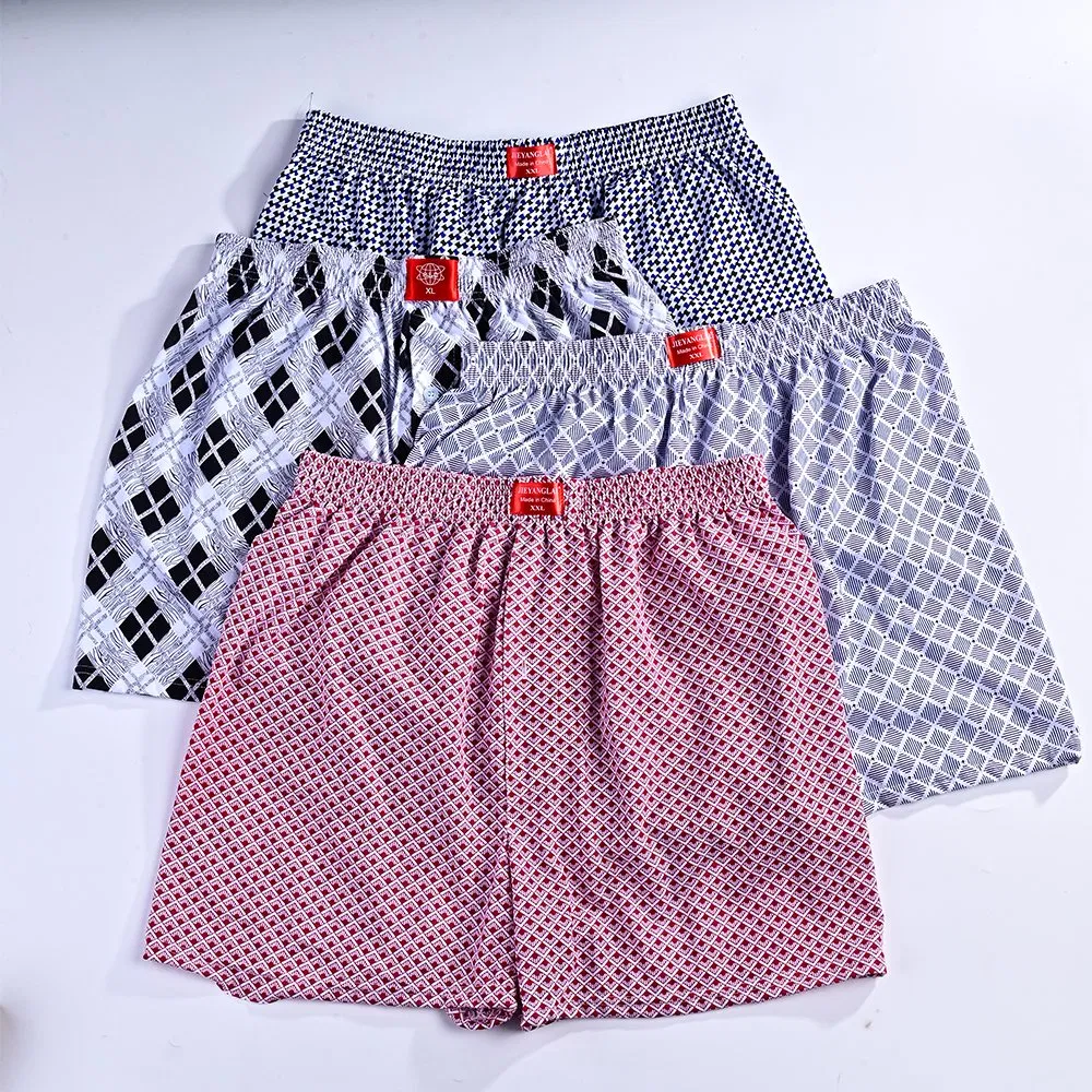 Breathable Cotton Men Boxer Briefs Loose Plaid Print Custom Underwear Shorts