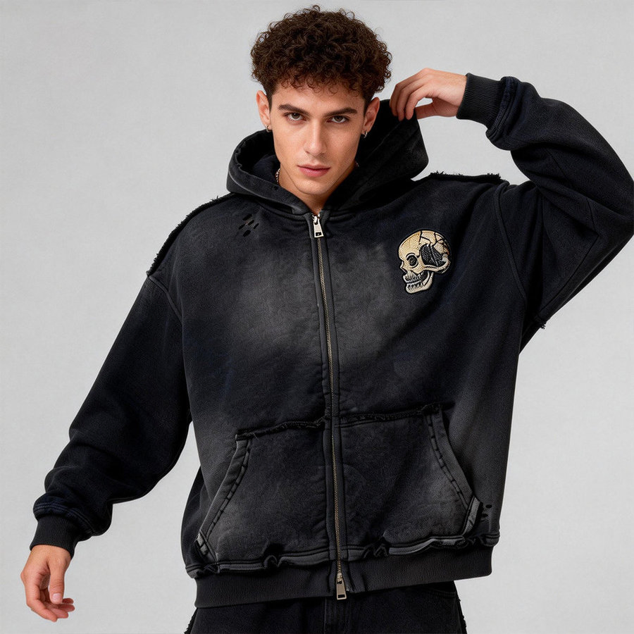 Fine-Workmanship OEM Custom Zipper 100% Cotton French Terry Acid Wash Men Hoodie