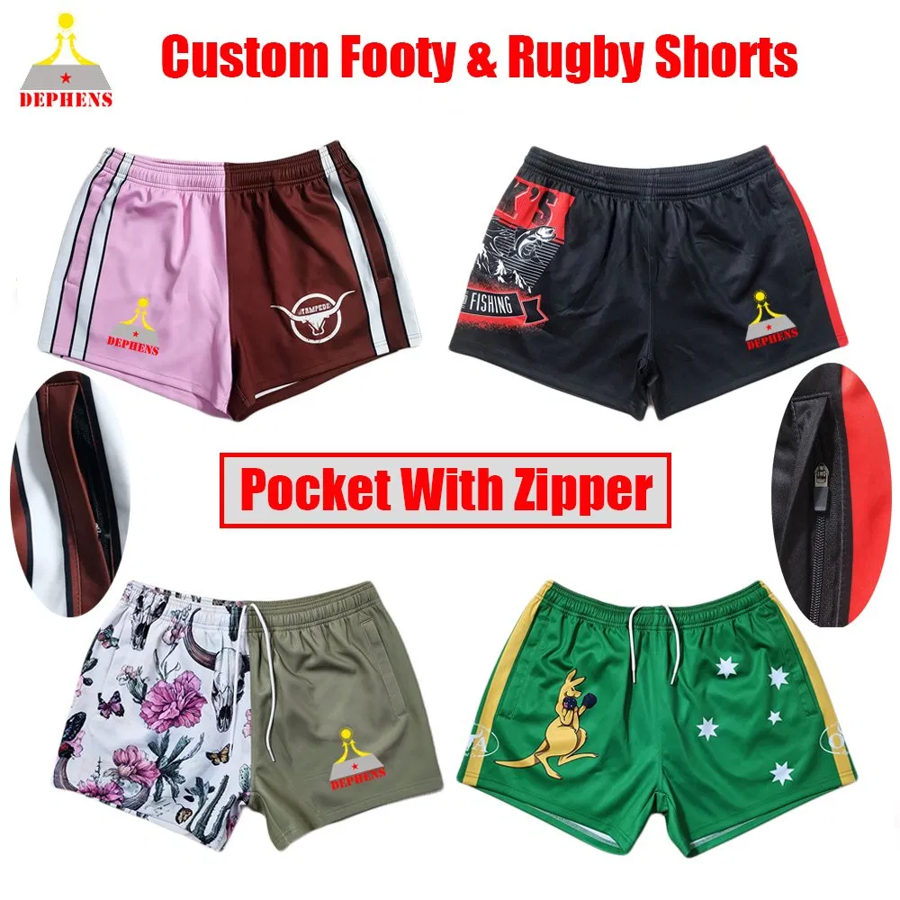 Custom Print Sublimation Wholesale Men Polyester Australia Hunting Fishing Outdoor Workout Running Sports Gym Zipper Zip Pocket Afl Rugby Football Footy Shorts