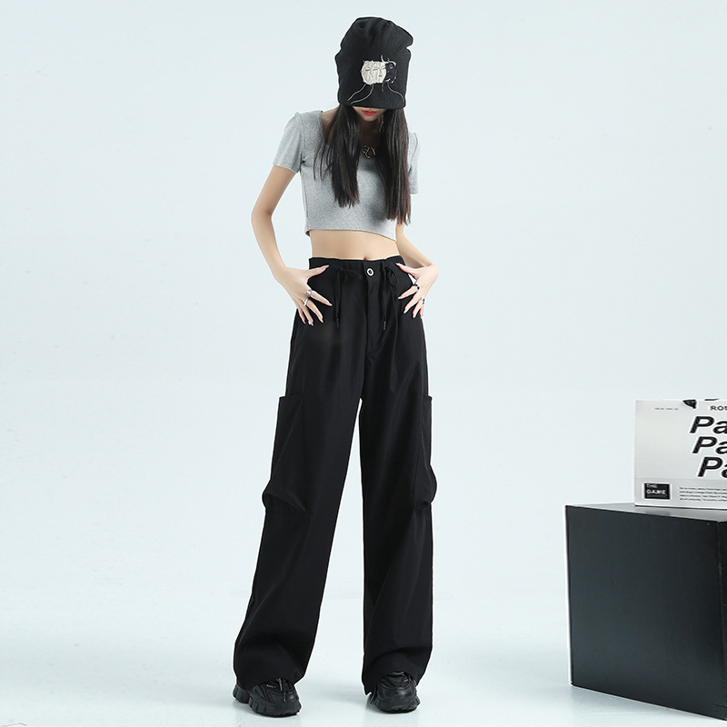 Custom Logo OEM Manufacturer Pocket High Waist Streetwear Baggy Denim Ladies Long Parachute Cargo Pant for Women Overall Trouser