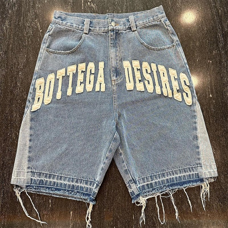 Streetwear Manufacturers Custom Embroidered Patch Logo Half Jorts Denim Raw Hem Cut Edge Distressed Men's Jeans Shorts