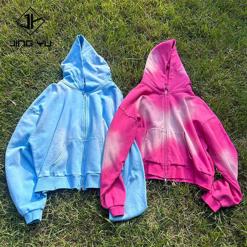 Zip up Hoodie Custom Blank Solid Sun Faded Hoodies Boxy 420GSM Cotton Zipper Acid Washed Hoodie French Terry Manufacturers