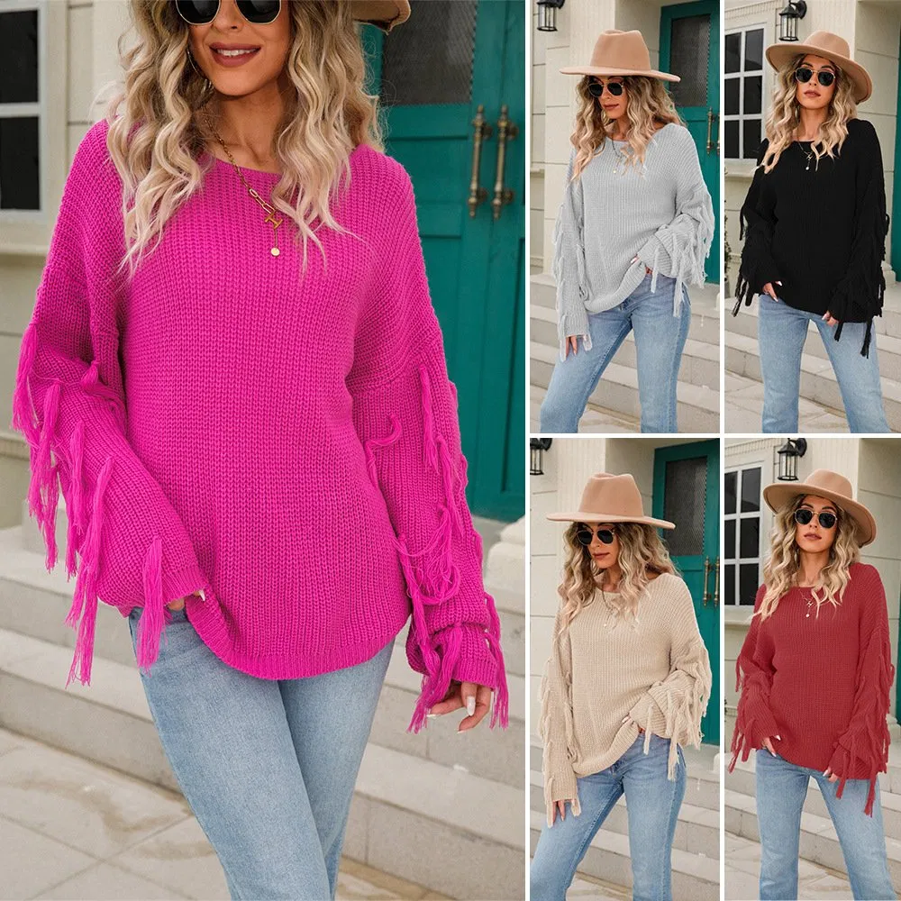 OEM Manufacturer Custom Winter Plain Tassel Women Pullover Knitted Sweater