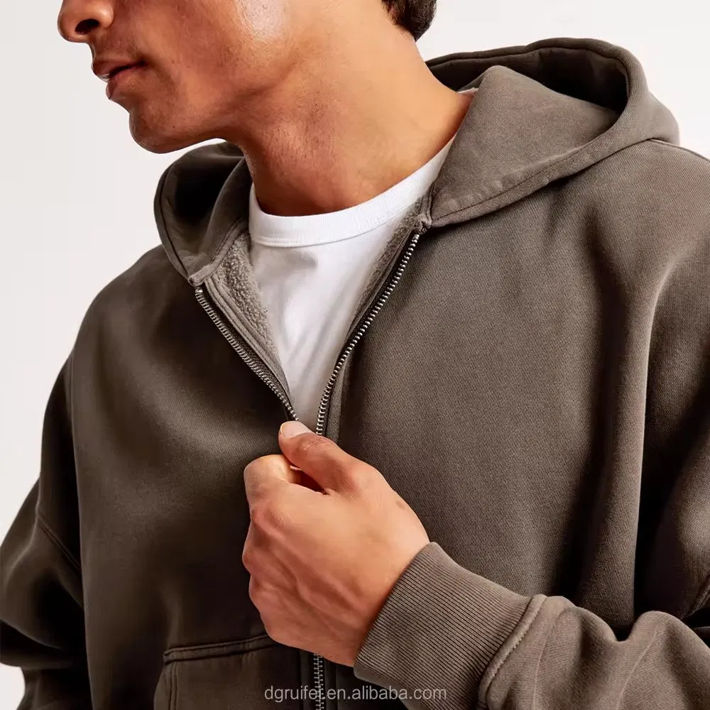 Custom Heavy Cotton Boxy Oversized Zip up Hoodie Manufacturer No String Men Black Cropped Full Zipper Rhinestone Hoodie Printing