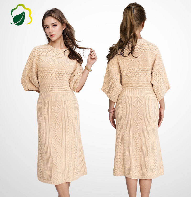 100% Cotton Slim-Fit Women's Knitted Long Classy Sweater Dress Custom Casual Crewneck Sweater Dresses