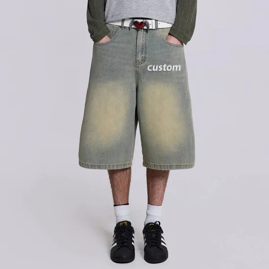 Carpenter Manufacturer Custom Logo Men′ S Acid Wash Baggy Jorts Distressed Embroidered Ripped Raw Hem Shorts