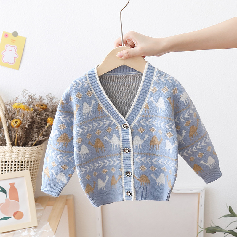 OEM Custom Fall Winter Boys Kids Dinosaur Pattern Knitted Cardigan Sweater