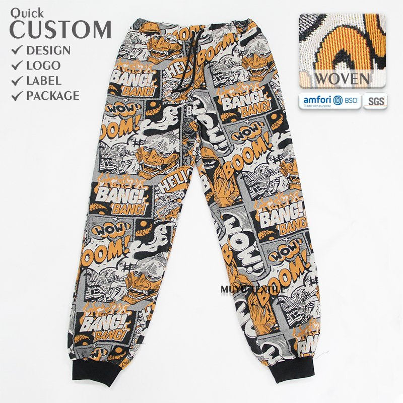 OEM Service Custom Pattern / Logo Drawstring Waist Men's Tapestry Pants and Streetwearn Jacquard Cuffed Pants