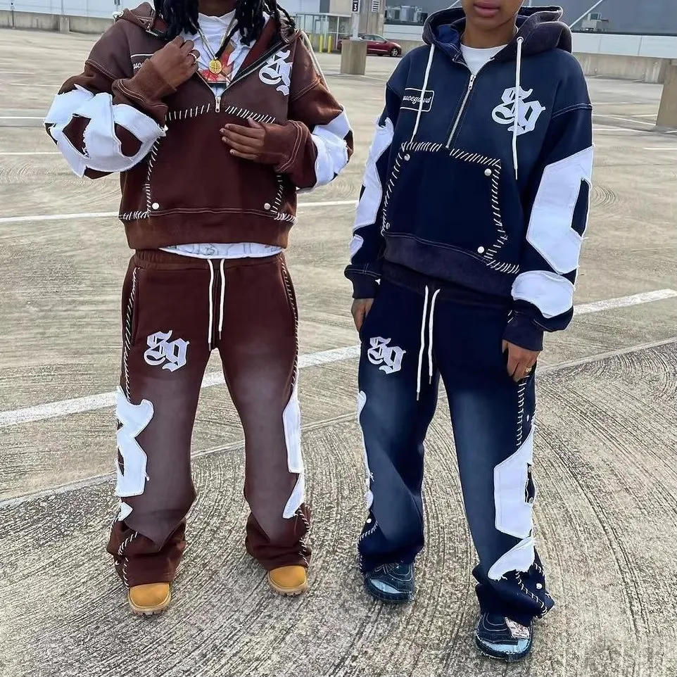 Custom Heavyweight Vintage Flared Sweatpants Streetwear Jogging Set Distressed Applique Embroidery Acid Wash Zip up Men's Hoodies Tracksuit