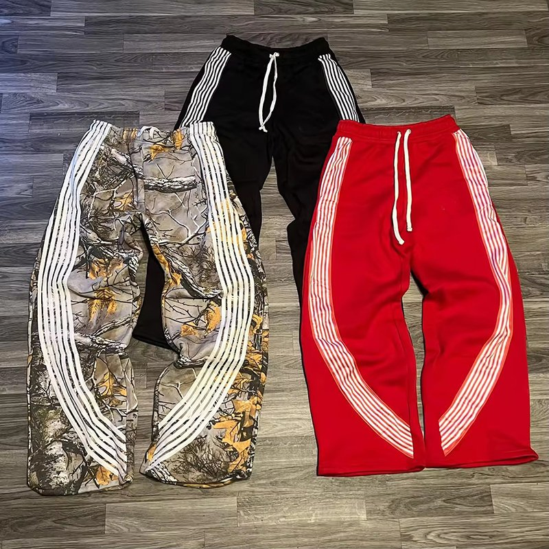 Wholesale Custom Logo Manufacturer Men Knitted Sweatpants Street Wear Casual Pants Drawstring Waist Stripe Wide Leg Pants