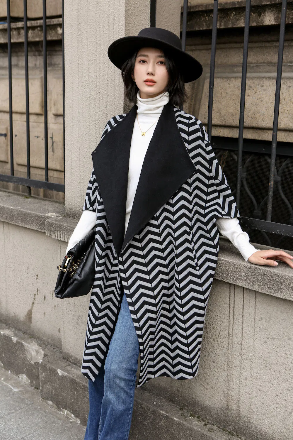 Custom New Design Half Sleeve Woolen Cashmere Trench Coat for Lady